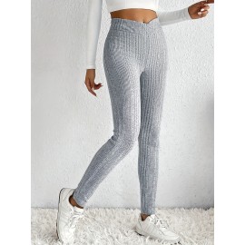 Solid Rib Knit Skinny Pants, Casual Crisscross Waist Daily Pants, Women's Clothing Solid Rib Knit Skinny Pants, Casual Crisscross Waist Daily Pants, Women's Clothing