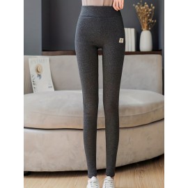 Solid Fleece High Waist Leggings, Casual Skinny Leggings For Fall & Winter, Women's Clothing Solid Fleece High Waist Leggings, Casual Skinny Leggings For Fall & Winter, Women's Clothing