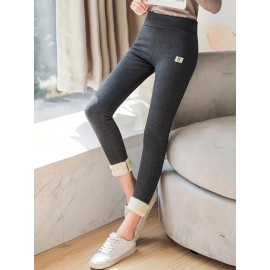 Solid Fleece High Waist Leggings, Casual Skinny Leggings For Fall & Winter, Women's Clothing Solid Fleece High Waist Leggings, Casual Skinny Leggings For Fall & Winter, Women's Clothing